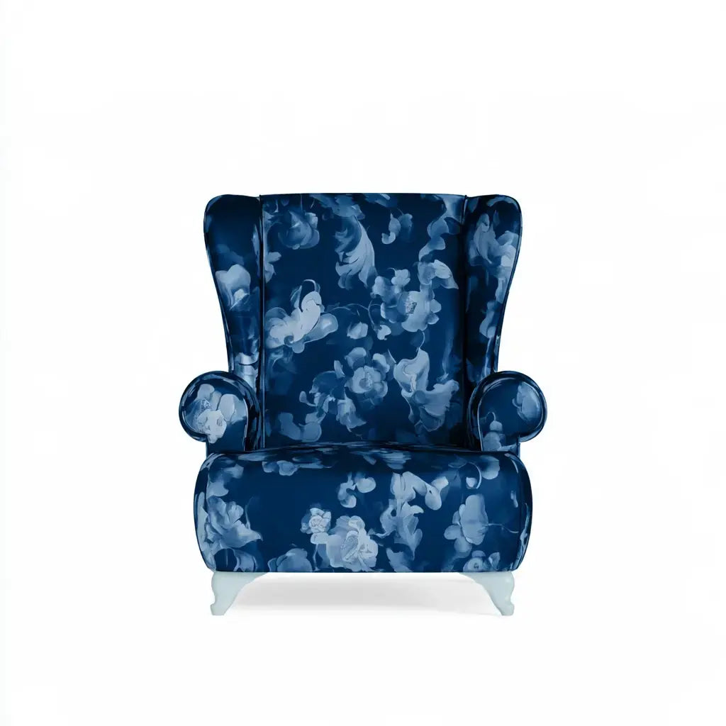 Sillón orejero con estampado floral - azul/blanco