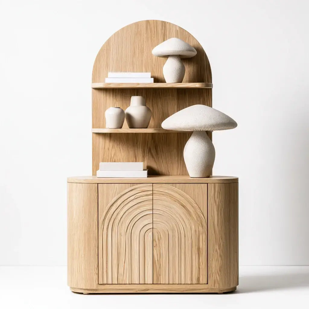 Aparador con puertas arqueadas y estantes curvos - beige