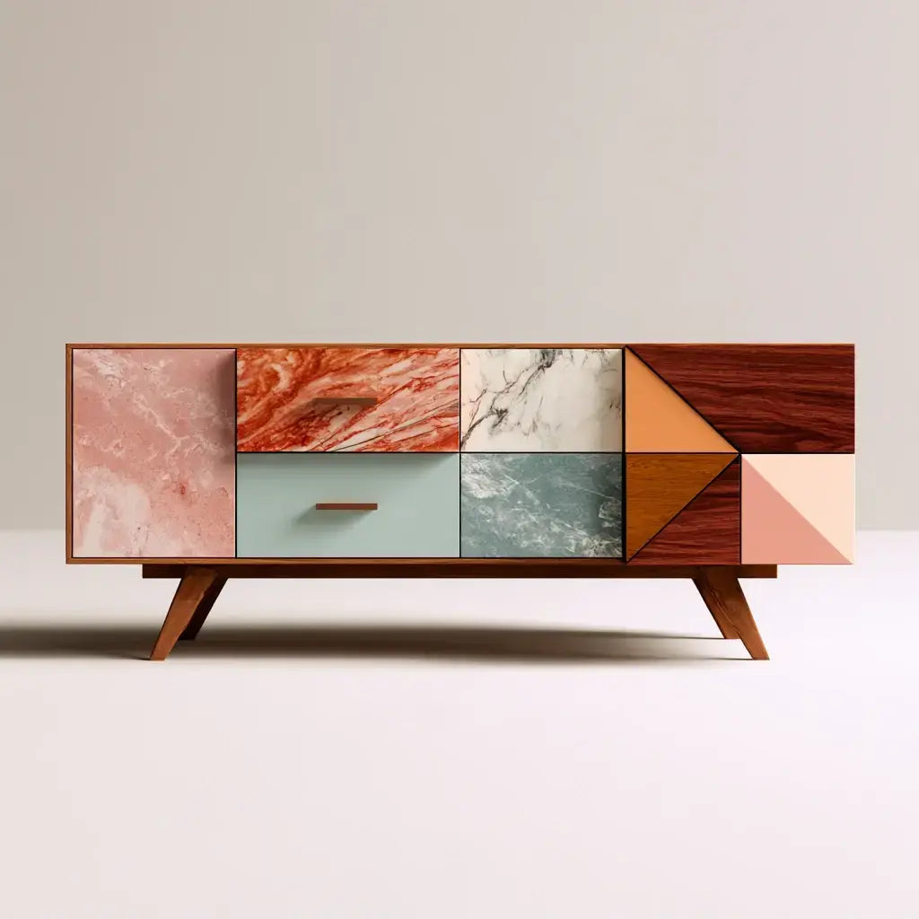 Aparador con frentes geométricos de varios tonos - marrón/rosa/verde