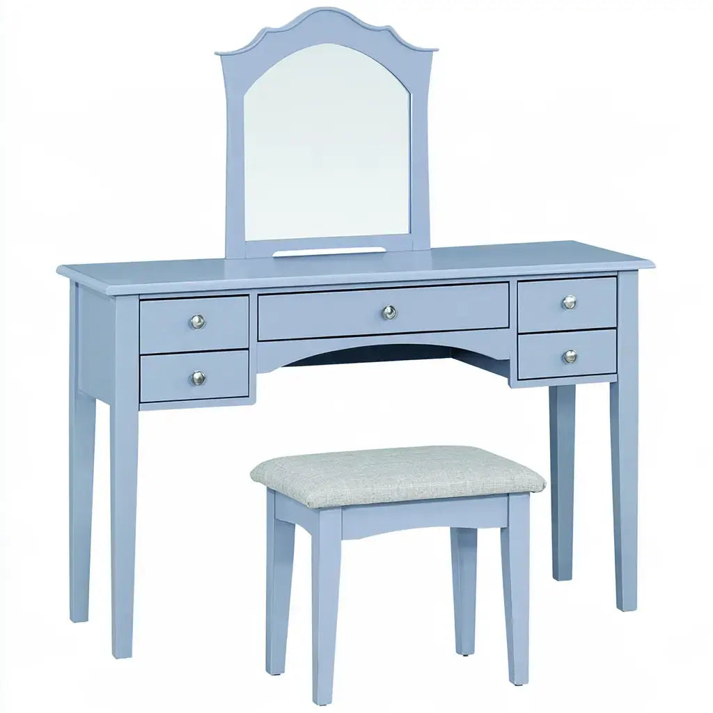 Tocador con espejo arqueado y taburete - azul