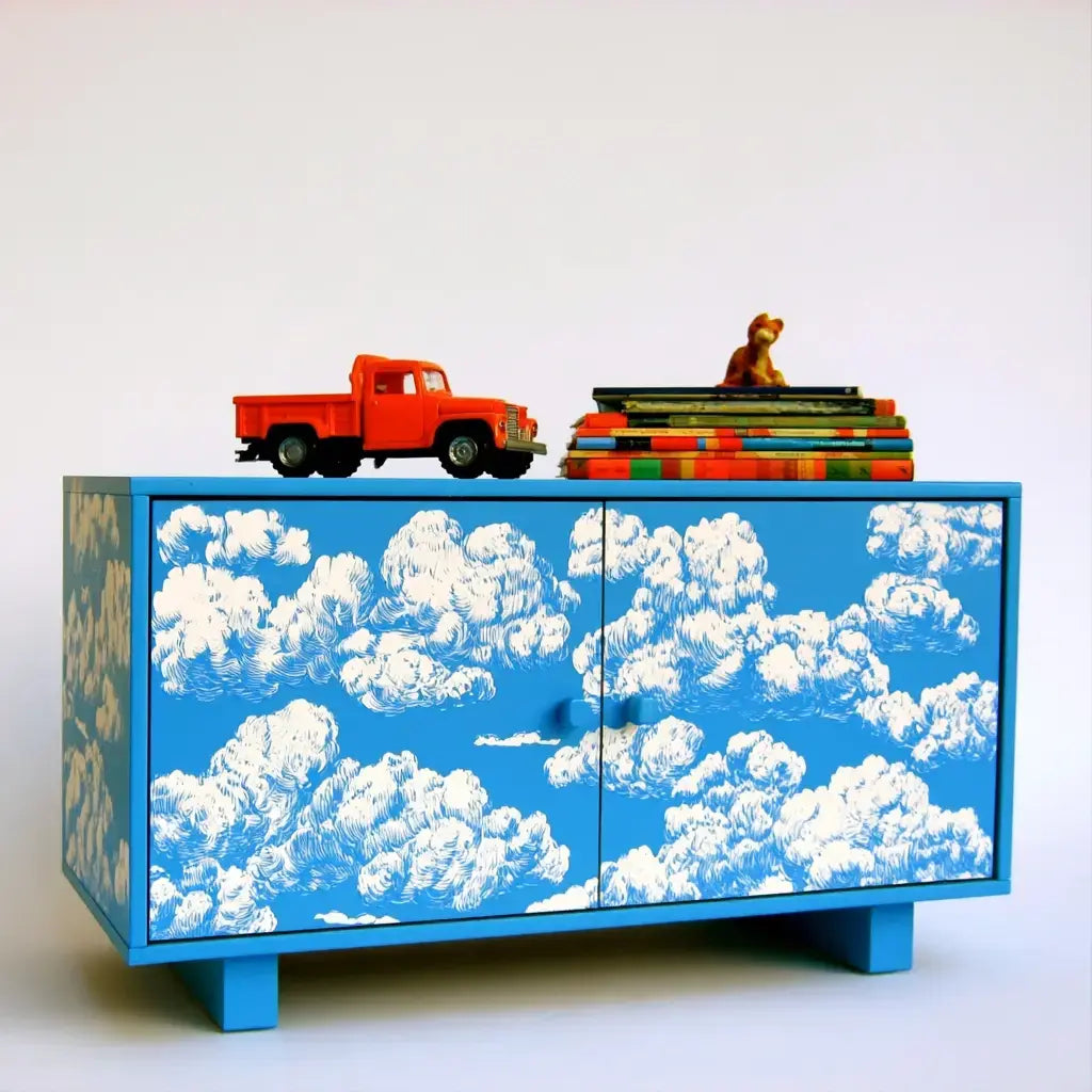 Aparador con puertas estampadas de nubes - azul/blanco