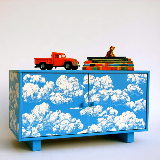 Aparador con puertas estampadas de nubes - azul/blanco