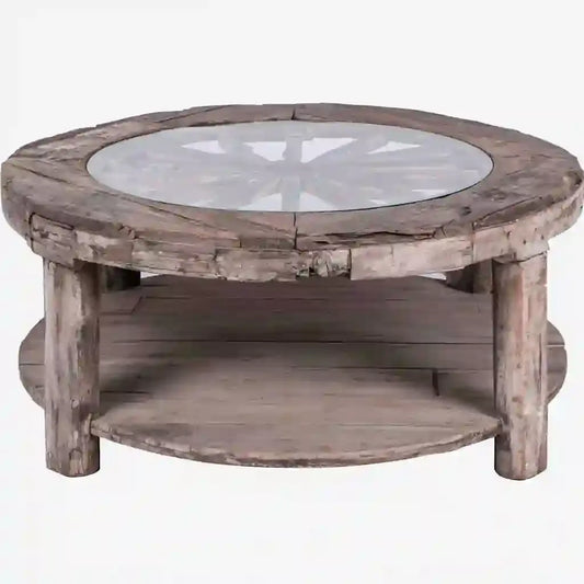 Mesa de centro redonda con estante y tablero decorado - marrón/gris